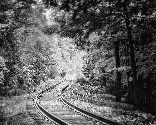 LISA RUSSO FINE ART - Black and White Railroad Tracks 11x14” Unframed Print - Train Landscape Photography for Office, Bedroom, Foyer Wall Decor