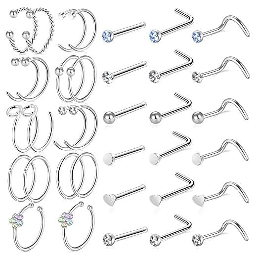 Nose Rings, ONESING 36Pcs Nose Rings for Women Nose Studs Nose Rings Hoop 20G Piercings Jewelry Screw 316L Stainless Steel for Women Men