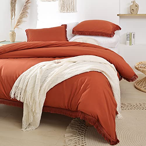 Yirddeo Queen Comforter Set Burnt Orange Comforter Set Tassel Bedding Soft Boho Comforter Set Lightweight Fringe Bedding With 2 Pillow Cases For All Seasons #TOP1