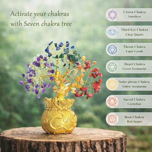 Image of 7 Chakra Crystal Tree with Golden Money Bag Base | Natural Gemstone Money Tree for Wealth Prosperity & Positive Energy | Feng Shui Vastu Tree for Home Office Decor & Good Luck Gift