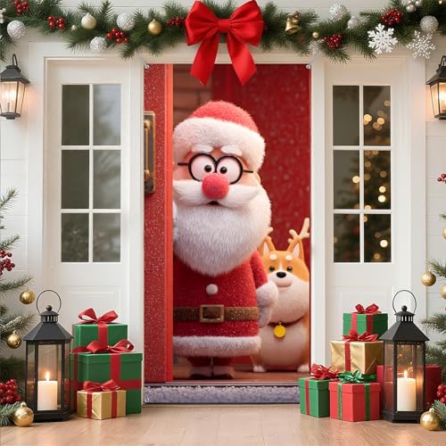 Christmas Door Cover Santa Claus Snowman Christmas Tree Wreath Banner Winter Holiday Decor for Front Door Photo Background Home Party 70.9 x 35.4 Inch