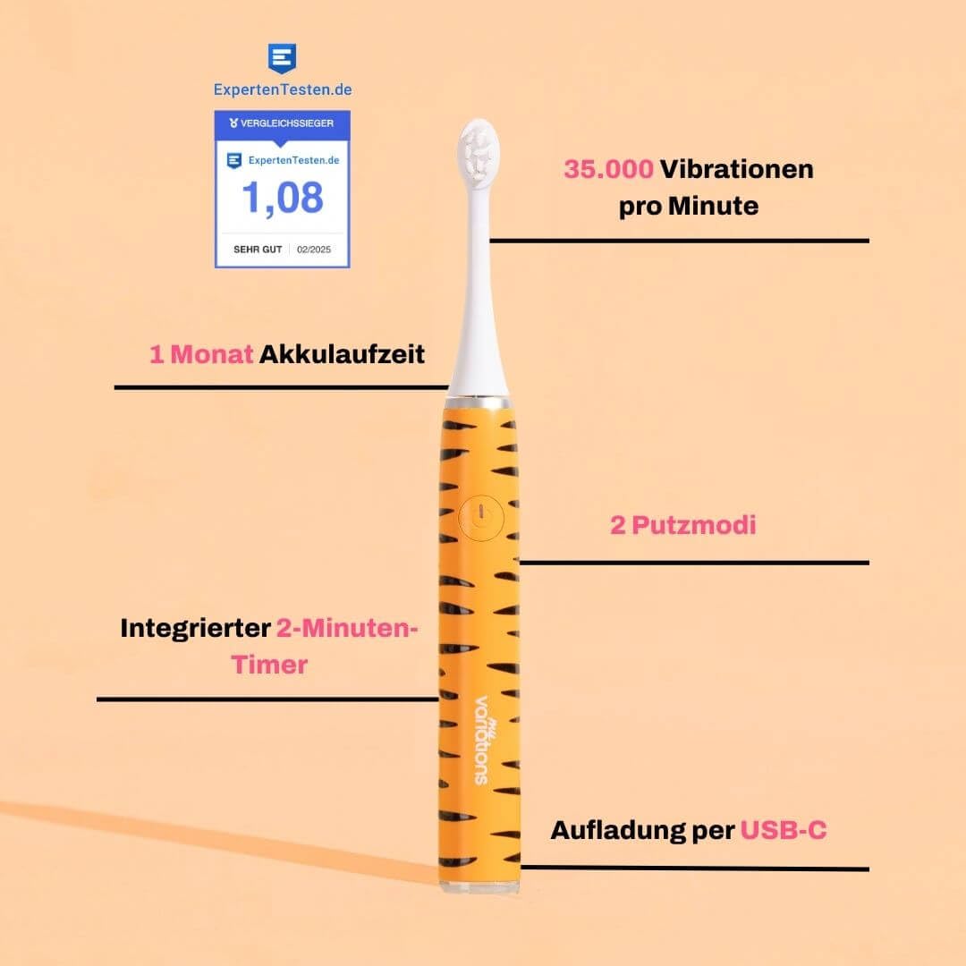 My Variations Kids – Elektrische Schallzahnbürste für Kinder – wiederaufladbar – empfohlen von Zahnärzten – 2 Modi – 27 Aufkleber – 1 Monat Akkulaufzeit – Timer – ab 3 Jahren (Tiger, 3-12 Jahre)