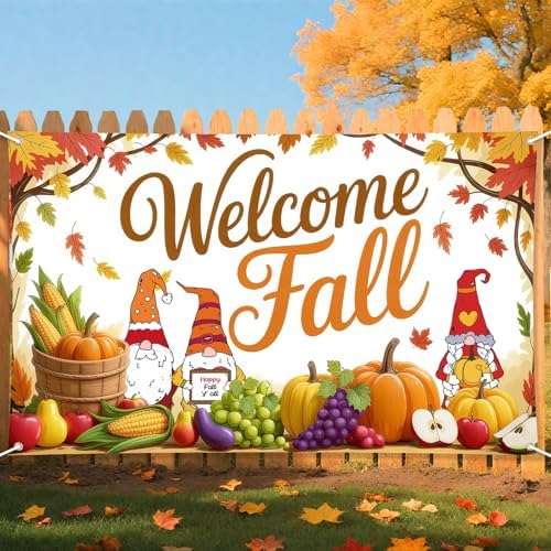 Welcome Fall Backdrop, Fall Thanksgiving Party Banner Pumpkin Leaves Decorations for Outdoor Yard Autumn Thanks Harvest Party Supplies for Autumn Decorations 70