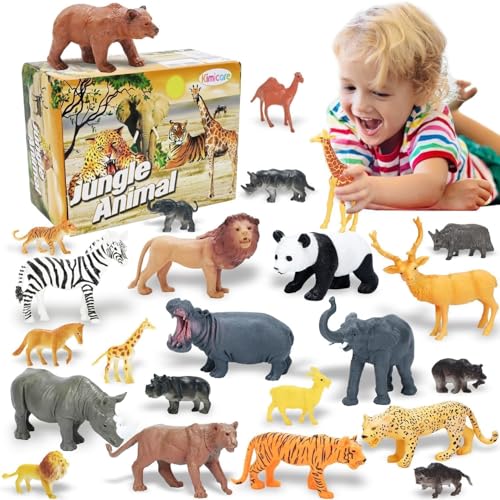 Kimicare 24Pcs Safari & Zoo Animals Figures, Realistic Plastic Animal Toys Set for Kids 1 2 3, Educational Jungle Animals Figures Playset, Party Supplies Birthday Gifts for Toddlers Boys Girls