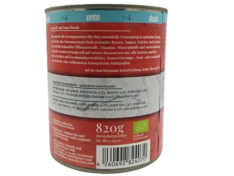 My Nassfutter Bio-Ente mit Bio Kürbis, Bio Zucchini, Bio Spinat und Bio Johannisbeeren 820g Dose mÿ Hundefutter ohne Konservierungsstoffe, künstliche Aromastoffe, Farbstoffe & Lockstoffe