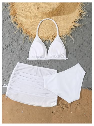 Image of RoseSeek Girl's 3 Piece Cute Bowknot Bathing Suit Halter Triangle High Waisted Swimsuit with Beach Cover Up Skirt