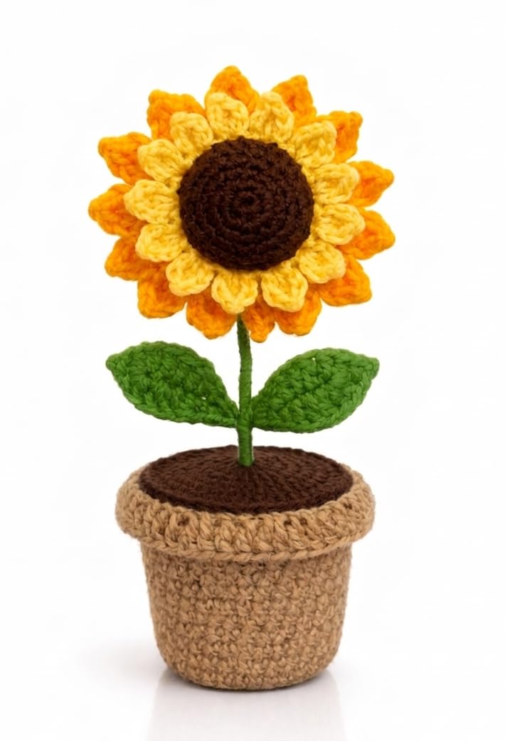 DUHCESS Handmade Crochet Sunflower in Pot with Double-Layered Petals – Aesthetic Decor for Car Dashboard, Office Desk, Bedroom & Wedding Gifting | Knitted Flower Showpiece (Yellow & Brown)-image-0