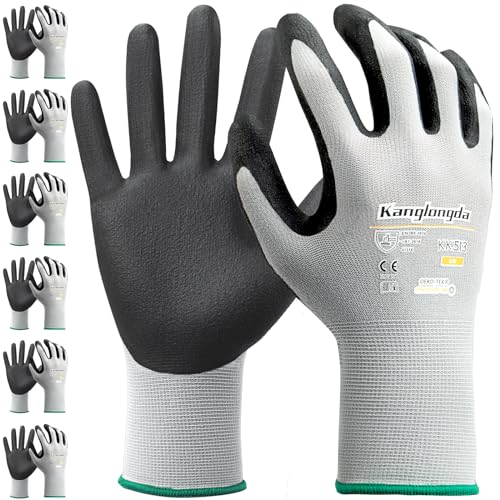 Image of Kebada Work Gloves for Men and Women, Sandy Nitrile Coated, 6 Pairs | Full-Hand Touchscreen Safety Work Gloves, Breathable Knit, Secure Grip, Ideal for Gardening, Warehouse and Mechanic Work