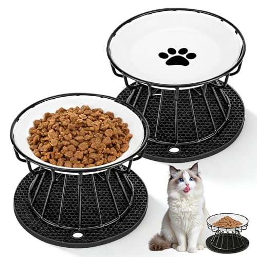 Staranry 2 Stück Erhöhter Futternapf Katze mit Napfunterlage Silikon und Metallständer, Katzennapf Erhöht 15 cm Durchmesser, 10 cm Metallständer, für Futter Wasser, Katzen und Kleine Hunde, Schwarz
