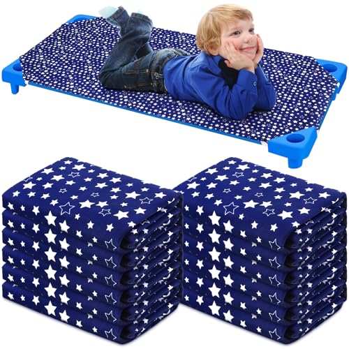Image of Peryiter 12 Pcs Cot Sheets for Daycare Standard Size 24 inch x 51 inch Toddler Nap Mat Sheets Star Pattern with Corner Elastic Loops Breathable Bed Fitted Cot Crib for Preschool Child Kid Boy Girl (Navy Blue)