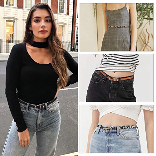 JASGOOD Women's Skinny PU Leather Belt Solid Color Leopard Fashion Thin Waist Belt with Gold Buckle for Jeans Pants 1/2 Width Set of 64