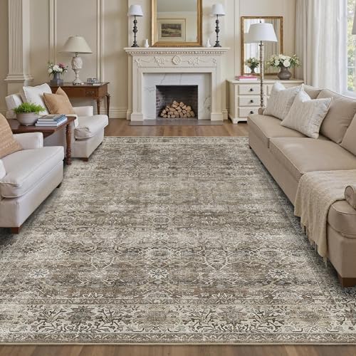 8x10 Washable Area Rug Grey Brown Vintage Rug for Living Room Bedroom Low Pile Soft Non-Slip Boho Rug for Under Table Boho Distressed Retro Carpet for Bedroom Kitchen Office Dining