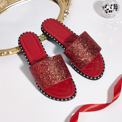 Image of Women's Open Toe Flat Sandals Rhinestone Glitter On Casual Fashion Slippers Quick Drying Indoor & Outdoor Slides