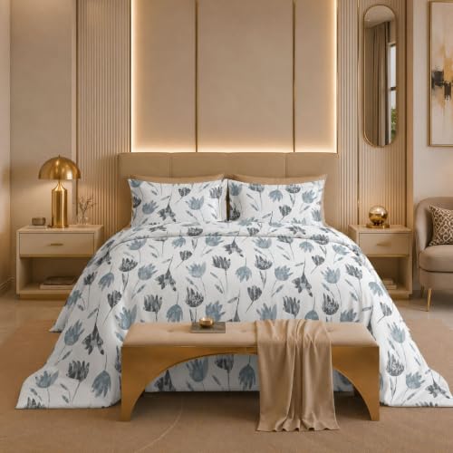 Image of Jaipur Weaves Cotton Linen Feel King Size Bedsheet 108x108 Super King, 100% Pure Cotton Bed Sheet with 2 Pillow Covers, 300 TC Soft Breathable Floral Design Bedding -(Tulips Blue, Super King)