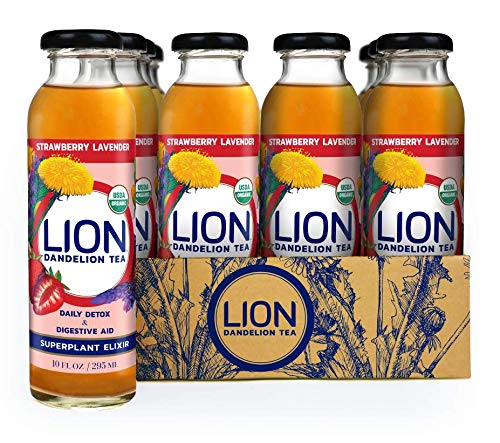 LION Organic Bottled Dandelion Tea | Immunity Booster - Prebiotic Tea Full of Antioxidants | Strawberry Lavender | 12 Pack