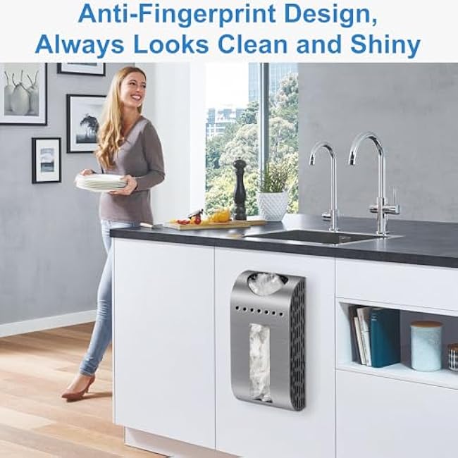 Grocery Bag Holder Wall Mount Plastic Bag Dispenser Space Saving Brushed Silver Garbage Bag Holder for Cabinet, Cupboard, Pantry, Anti-Fingerprints Design