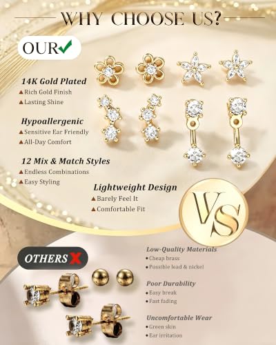 12 Pairs Small Stud Earrings Set, Hypoallergenic 14K Gold Plated Earrings - image 6