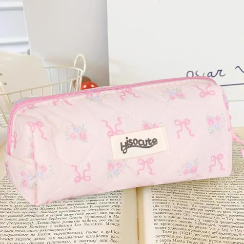 Image of Quilted Coquette Pencil Case - Floral & Bow Design with Soft Padded Fabric, Cute Small Makeup Bag for Women, Stylish Organizer for Pens, Brushes, and Accessories (Pink)