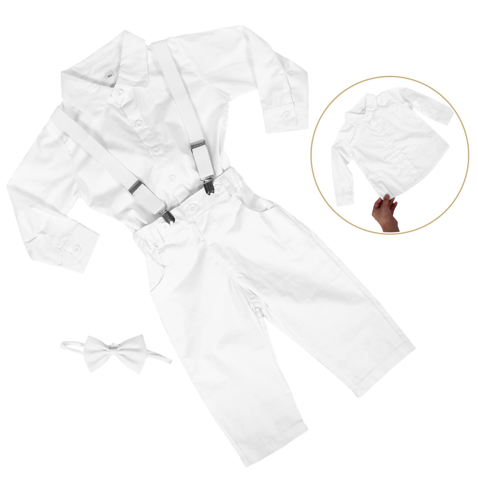 Traje de Niño Recién Nacido 80cm Algodón Conjunto Formal Blanco | Camisa, Pantalón y Accesorios Incluidos, para Ceremonia y Ocasiones Elegantes, Tallas con Contorno 57/64/46cm