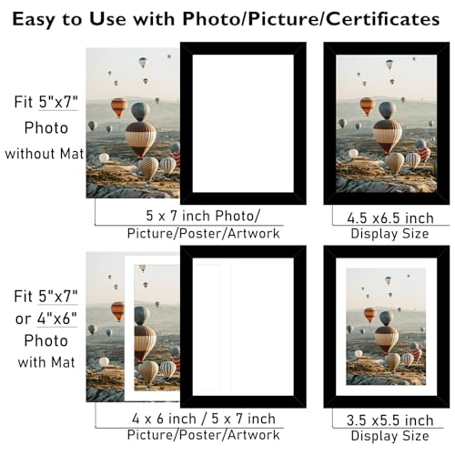 Image of 5x7 Picture Frame Black with 4x6 Mat for Wall Hanging or Tabletop, Display Photo 4x6 with Mat or 5 x 7 Without Mat, 5 by 7 Wall Gallery Poster Photo Frame with Shatter Resistant Plexiglass, Black