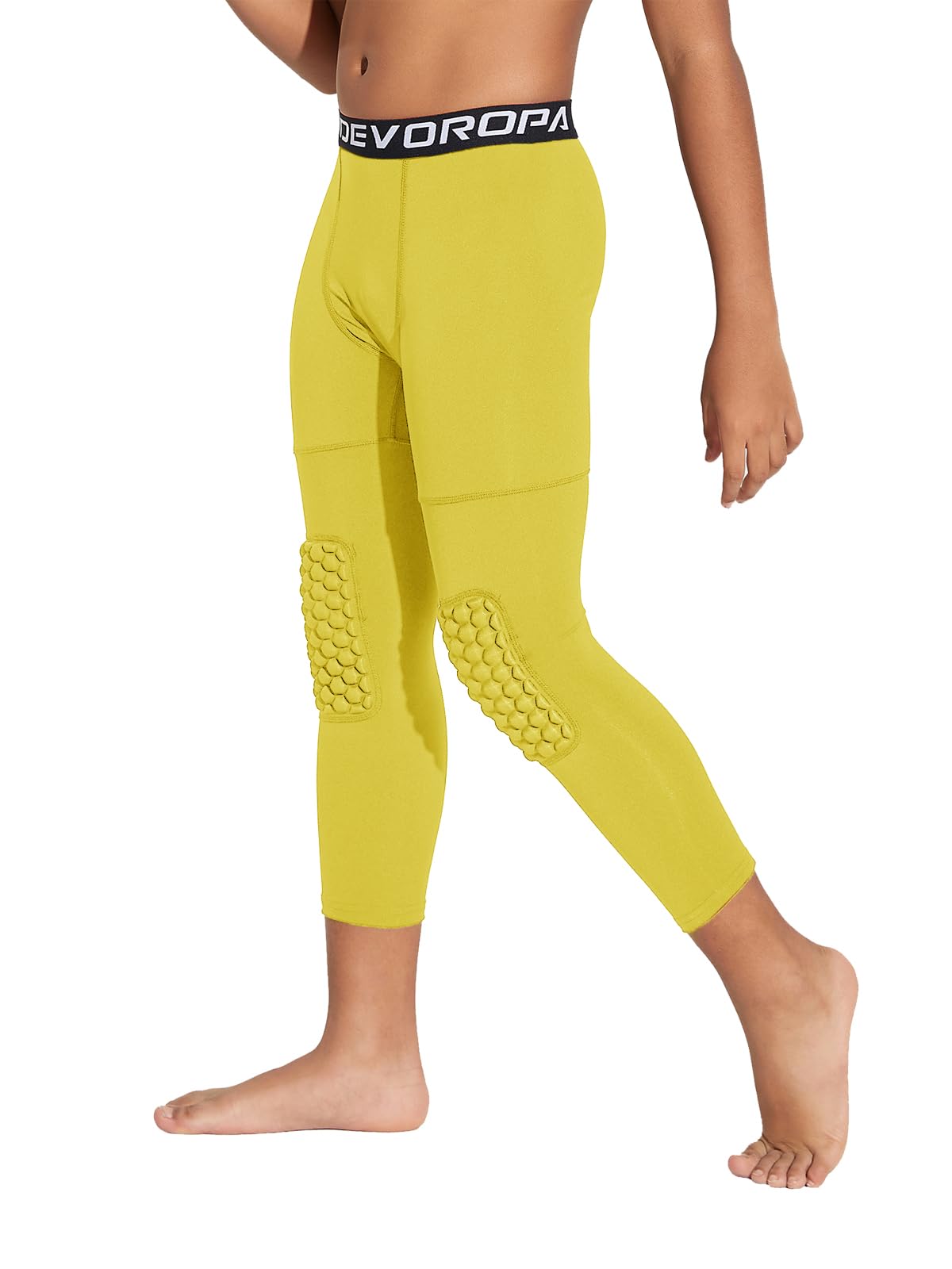 DEVOROPA Youth Boys' Compression Pants with Knee Pads 3/4 Basketball Athletic Tights Quick Dry Sports Workout Leggings