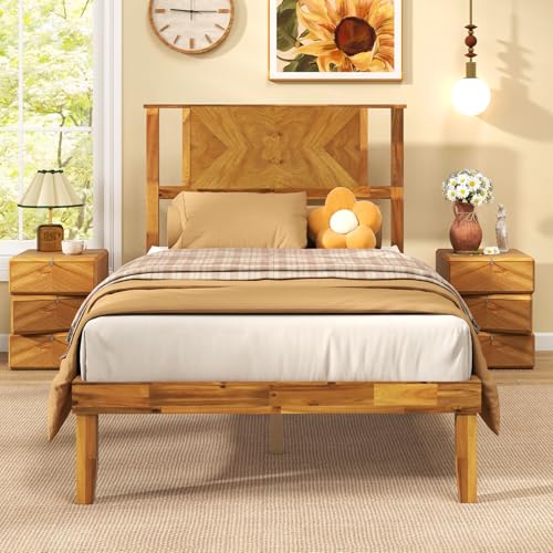 Giantex Wood Twin Bed Frames with Headboard, Mid-Century Modern Acacia Wood Platform Bed, Wooden Slats Support, Twin Bed Frames for Kids Adults Guests, No Box Spring Needed, Caramel