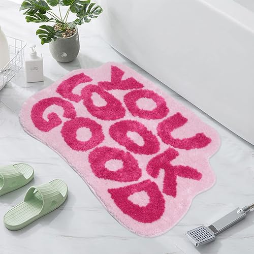 Image of Zeeinx You Look Good Bath Mat Non Slip Microfiber Absorbent Cute Bathroom Decor for Apartment Pink Bath mat for Tub and Shower, Machine Washable, 25'x21'