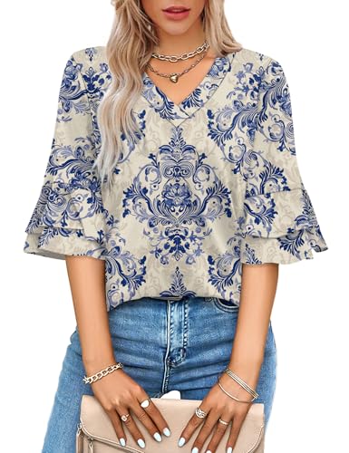 Image of OFEEFAN Spring Tops for Women Boho Shirts Fashion Clothing Cute 3 /4 Length Sleeve Blouses Dressy Casual Summer Outfits