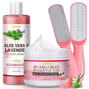 LUCOTIYA Pedicure Kit Foot Spa Soak Set Callus/Cuticle Remover File, Dead Skin Urea Cream for Feet Aloe Lavender Pedicure Supplies for Dry Cracked Feet for Women Men