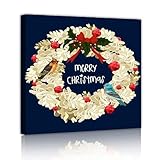 クリスマスリースキャンバスプリント生活空間のための花と鳥のパターンウォールアート休日にインスパイアされた壁の装飾は、ネイビーブルー90x90cmインナーフレームを吊るす準備ができています
