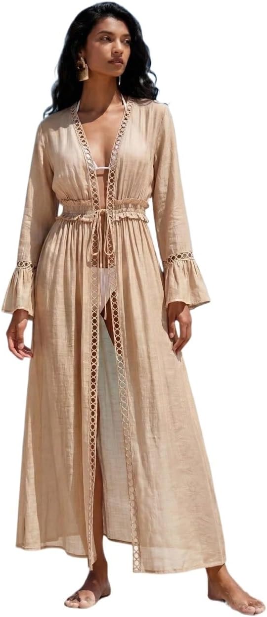 Women's Summer Beach Lace Open Front Waist Tie Ruffle Hem Long Sleeve Elegant Kimono Cover Up cover ups for swimwear