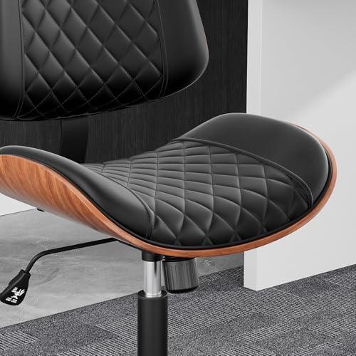 Image of Armless Office Chair with Silent Rubber Wheels, Mid Century Modern Small Desk Chair, No Arms Leather Computer Chair for Home Office, Swivel Vanity Chair, Rolling, Adjustable Height (Black)