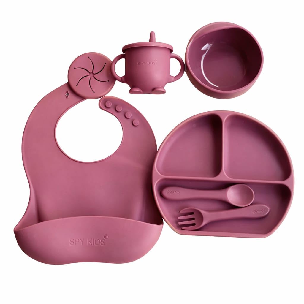 SPY KIDS® Silicone Baby Tableware Set | BPA Free | 7-in-1 Self Feeding | Suction plate, bowl, spoon, fork, training cup, finger brush with case & bib. Microwave & dishwasher safe.-image-35