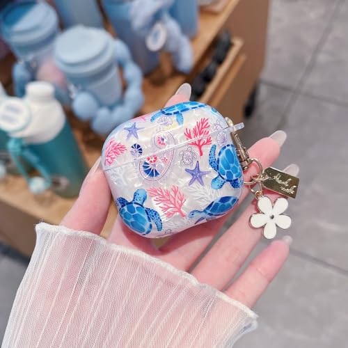 Image of MINSCOSE for Glitter AirPods 4 Case,Cute Shell Pattern Marine Life Design with Floral Keychain,Soft TPU Anti-Drop Shockproof Cover with Cleaner Kit for Women Girls for AirPods 4-Turtle