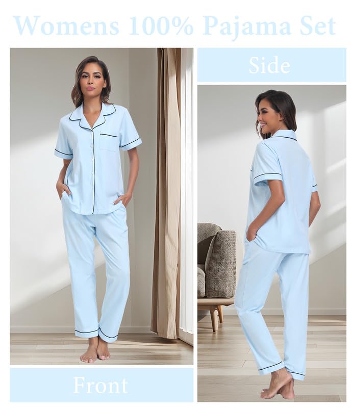 Image of CF Womens 100% Cotton Pajamas Set Button Down Pjs Sets Short Sleeve Top & Long Pants Sleepwear Comfy Loungewear with Pockets