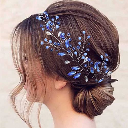 Flayem Wedding Hair Vine Blue Rhinestones Leaf Bridal Crystals Headpiece Crystal Tiara Headband Evening Party Prom