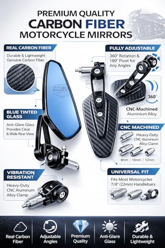 Image of Universal bike Motorcycle Bar End Mirrors with Blue Anti-Glare Glass, Carbon Fiber Pattern, Adjustable Handlebar Rearview Mirrors, Black