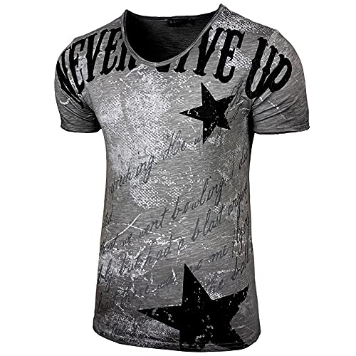 Herren Rundhals Vintage T-Shirt Kurzarm Slim Fit Design Fashion Top Print Shirt B-300, Farbe:Anthrazit, Größe:L Cover