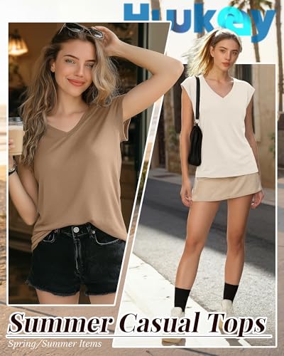 Image of Huukeay 3 Pack Women's V Neck Cap Sleeve T Shirts | Short Sleeve Basic Tees, Loose Fit Soft Tops for Women, Casual Lightweight Shirts, Everyday Summer Clothes