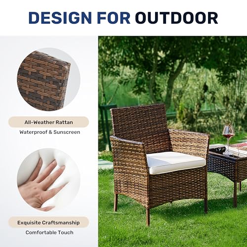YSSOA Patio Furniture Set 4 Pieces Outdoor Rattan Wicker Chairs with Soft Cushion and Glass Coffee Table, Waterproof Conversation Bistro Loveseat for Garden Lawn Yard, Porch Poolside, Brown - Image 3