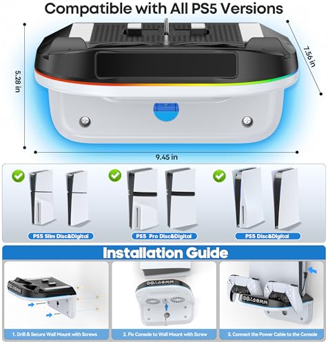 Image of P5 Wall Mount Kit Cooling Station with Dual Controller Charger, Floating Shelf Behind TV for P5 /Slim /Pro, Wall Bracket Compatible with P5 Disc & Digital, 9 RGB Lights P5 Fan Accessories, Black & White
