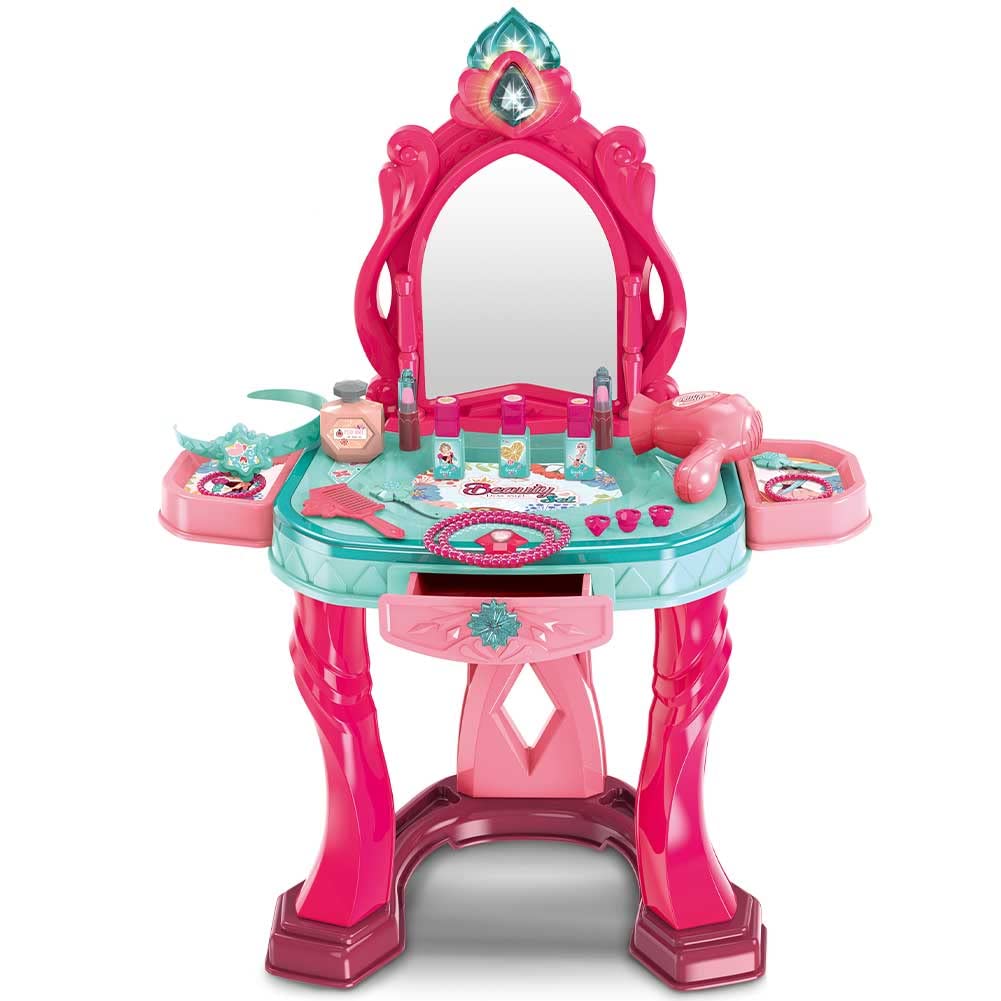 BAKAJI Specchiera Giocattolo per Bambine con Anta Porta Singola Specchio Set Bellezza Make Up Mobile e Accessori Realistici Gioco con Luci e Suoni con Cassetto Contenitore Sicuro Robusto