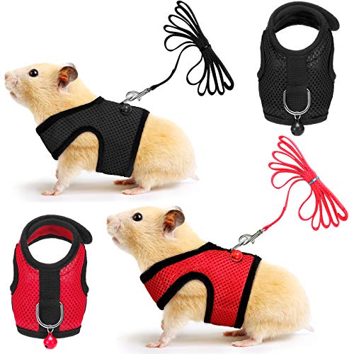 2 Pieces Guinea Pig Clothes Baby Ferret Rats Hamster Soft Mesh Harness Leash Vest Set with Bell for Guinea Pigs, Hamster, Ferret, Rabbit, Chinchilla and Similar Small Animals (Black, Red,S)