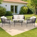 DEVOKO Outdoor 4 Seater Rope Sofa Set with Comfortable All Weather Resistant Cushions and Glass Top Center Table for Garden, Patio, Poolside Area (Grey &Off-White)