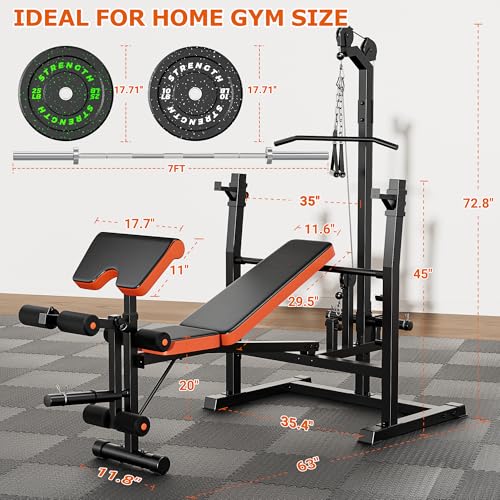 Image of 9-in-1 Adjustable Olympic Weight Bench with Lat Pulldown, Row, Squat Rack & Leg Curl - Multi-Function Strength Training Bench Press for Home Gym Full Body Workout