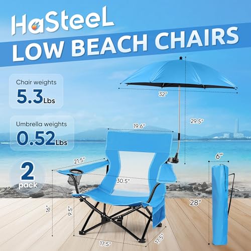 Image of HaSteeL Low Beach Chair Set of 2, Foldable Blue Camping Chair with Adjustable Umbrella Set for Adults, Lightweight Portable Lawn Chairs for Fishing, Picnic, Outdoor BBQ, Travel, Sports