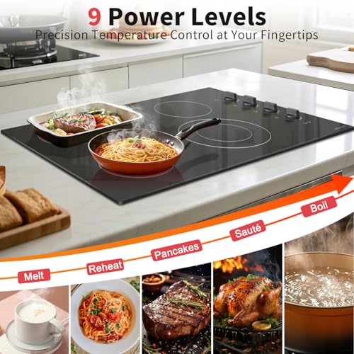 Image of Noxton 4 Burner Electric Cooktop 30 Inch, Knob Control Ceramic Cooktop, 30 inch Radiant Electric Stove Top with Extended Zone, Hot Surface Indicator,9 Power Levels, 32Amps 220-240v Hard Wire(No Plug)