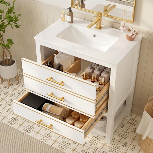 Mueble de baño blanco con lavabo de cerámica – Mueble de baño independiente con 2 cajones y compartimento abierto, tablero DM de alta calidad con lacado, asas doradas, sin grifo ni desagüe