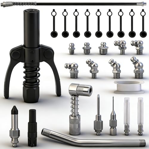 Hakkin 29Pcs Grease Gun Coupler Kit, Quick Release Coupler, 19.7 Inch Grease Gun Hose, Extension Tube, 90 Degree Grease Gun Coupler, Grease Needle Tips, Fitting Cleaner, Grease Zerk Kit, Sealing Tape