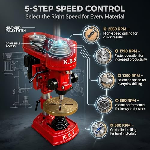Image of K.B.S 1 Inch Heavy Duty Pillar Drill Machine, 1 HP Motor, 5 Step Speed Control, Tiltable Work Table, Cast Iron Base
